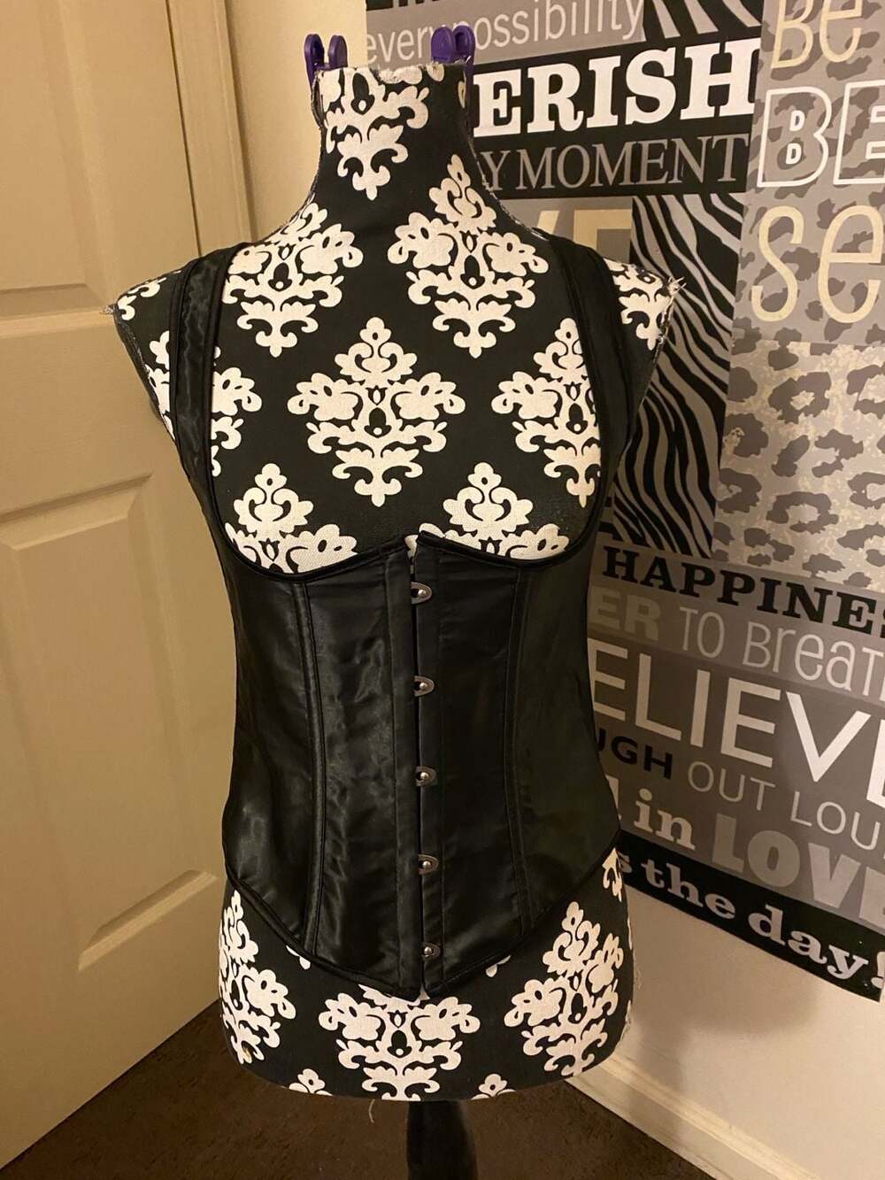 Black Satin Overbust Corset with Straps Lace Up Back Size M